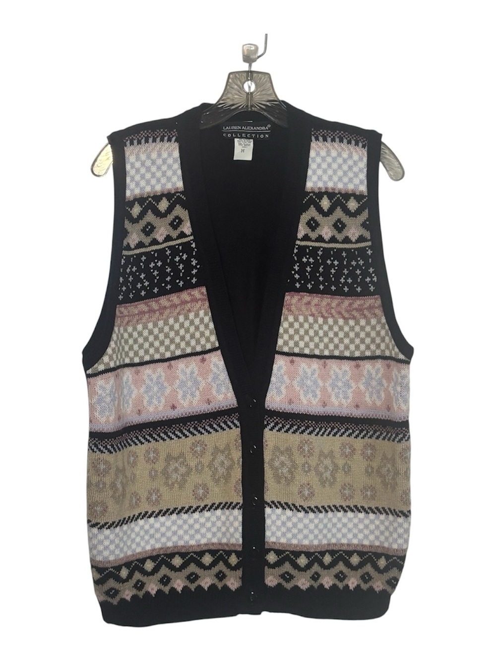 Lauren Alexandra Collection Vintage Patterned V Neck Knit Sweater Vest MEDIUM